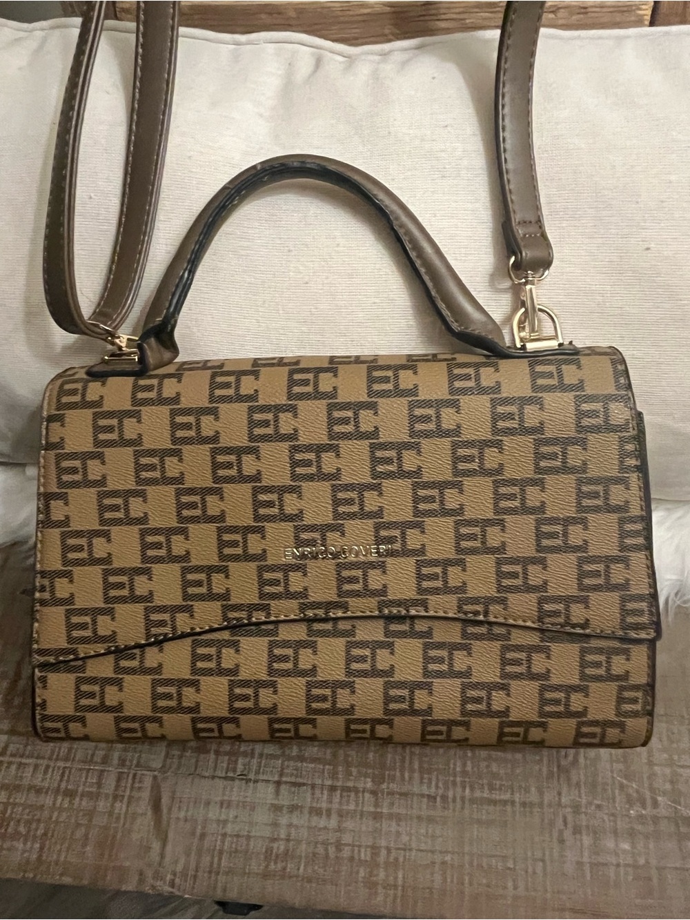 Enrico Coveri  Tan & Brown Monogram Top-Handle Satchel